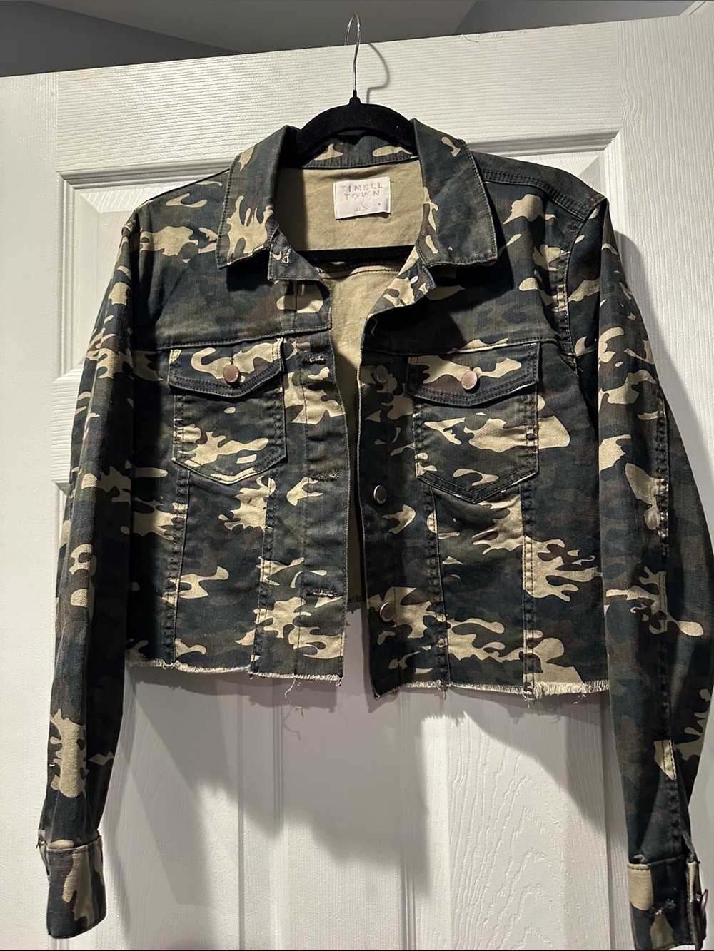 Tinsel Camo Cropped Denim Jacket - Olive & Tan